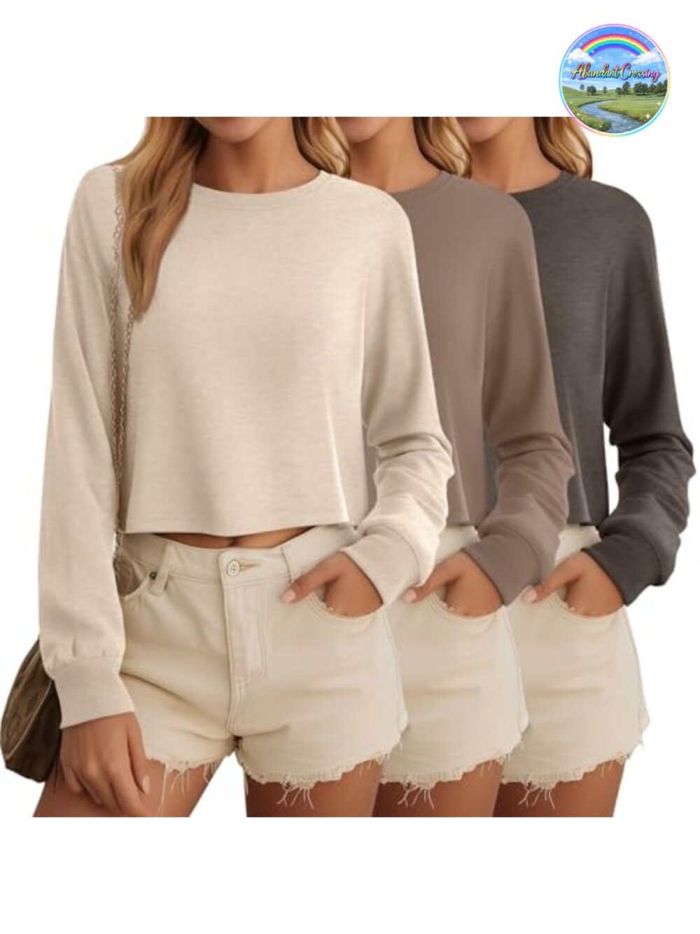 Women's Long Sleeve Cropped T-Shirt Tee Cotton Spandex 3 Pack